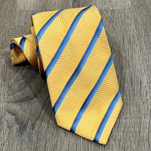 Canali Tie Made in Italy 100% Silk Yellow Navy Stripe Power Business Summer - Picture 1 of 11